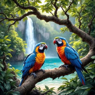 The primary subject of the image is a pair of colorful birds, specifically parrots, perched on a tree branch. The setting is a lush, tropical environment with a waterfall in the background. The visual style is a digital art or illustration, creating a vibrant and lively atmosphere. The colors and mood of the image are predominantly warm and inviting, with the parrots being the main focus of the scene.